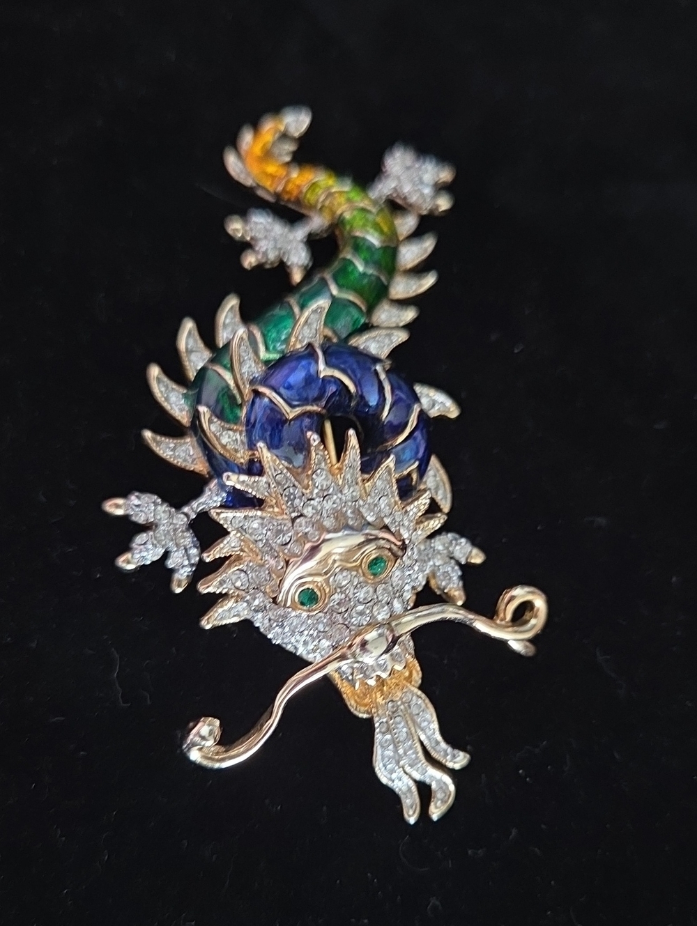 Vintage Butler & Wilson 4" Pavé Crystal & Enamel Dragon Brooch